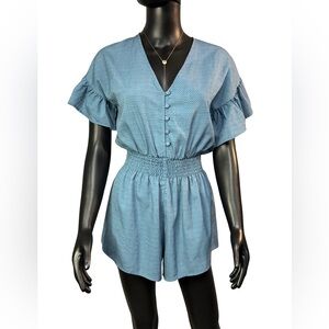 Kittenish Light Blue V-Neck Smocked Waist Short Sleeve Romper
